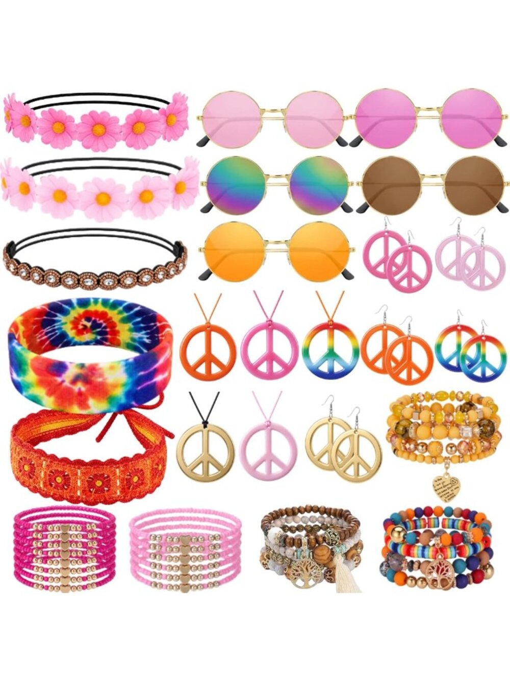 25 Pcs Hippie Costume Accessories Set for Women - 60s & 70s Retro Outfit